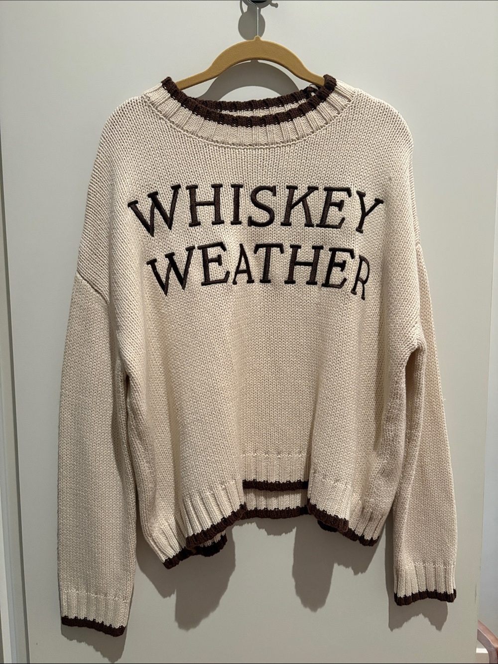 moon & madison Cream Sweater with Brown Trim and 'WHISKEY WEATHER'